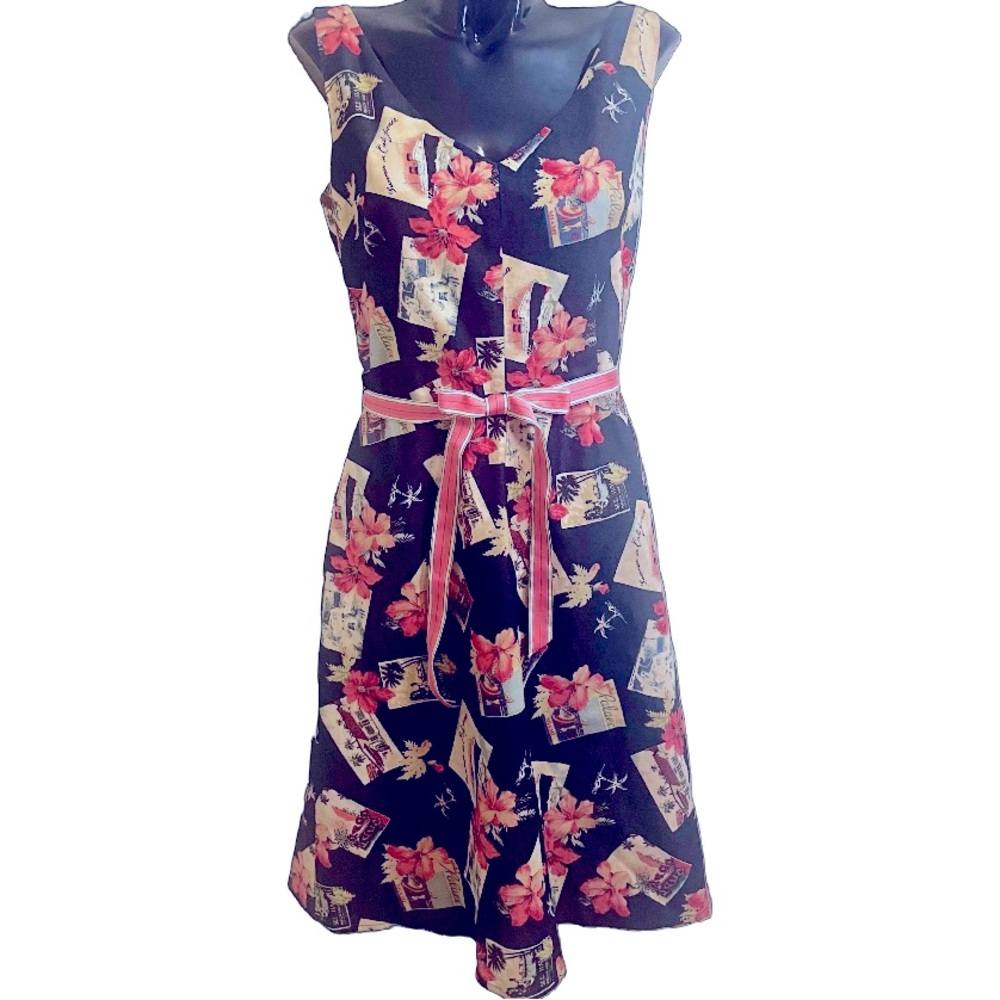 Vintage Cotton Ribbon Belted Navy Pink A line Postcard Shift Dress Lined EUC